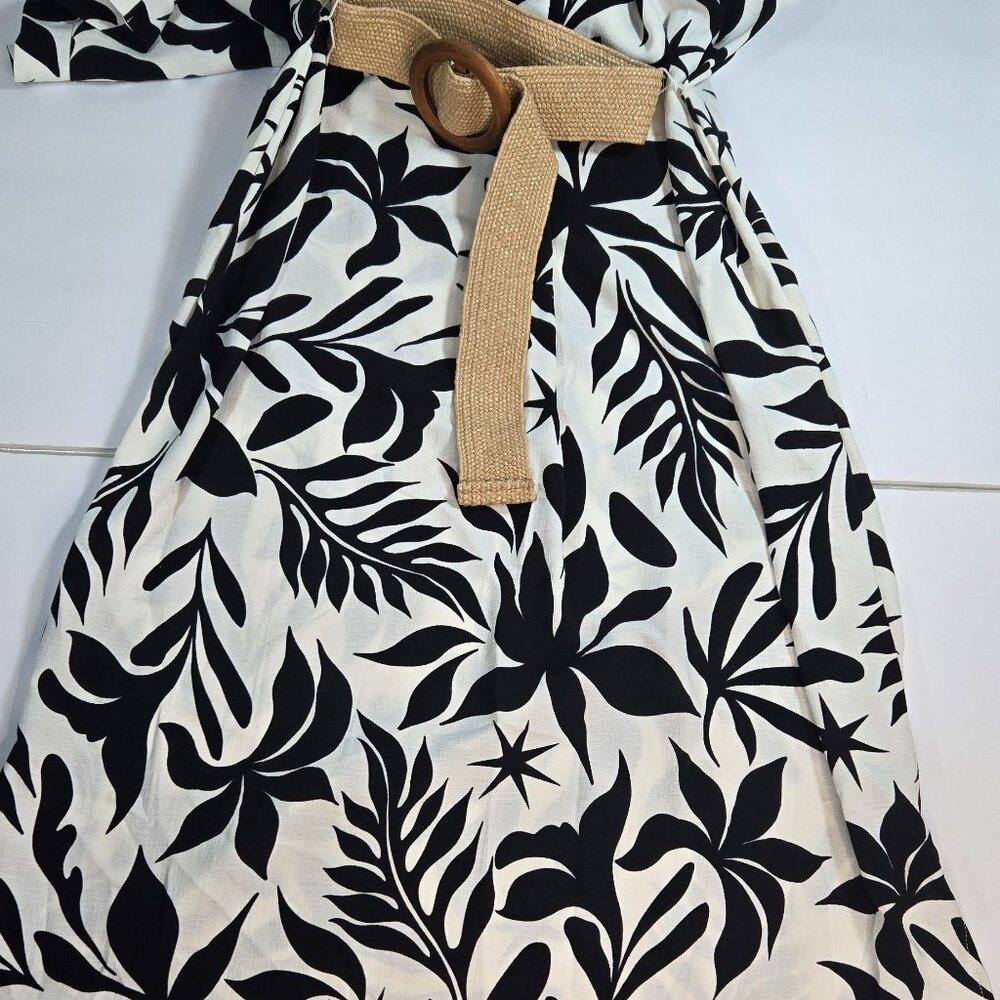Fred David Black & White Tropical Print Belted Midi Dress - Picture 8 of 15